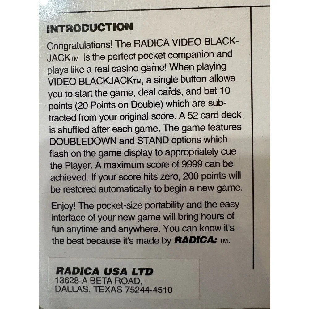 Vintage Radica Video Blackjack 21 Handheld Game Model 450 NIB